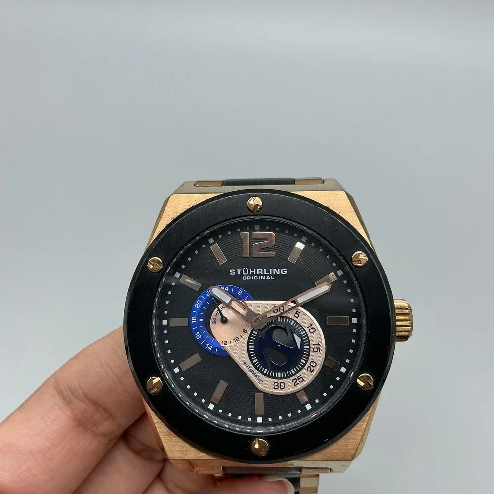 Stuhrling Original Mens Watch 49mm Black Dial Gold Tone Automatic 24-Hr 8.25